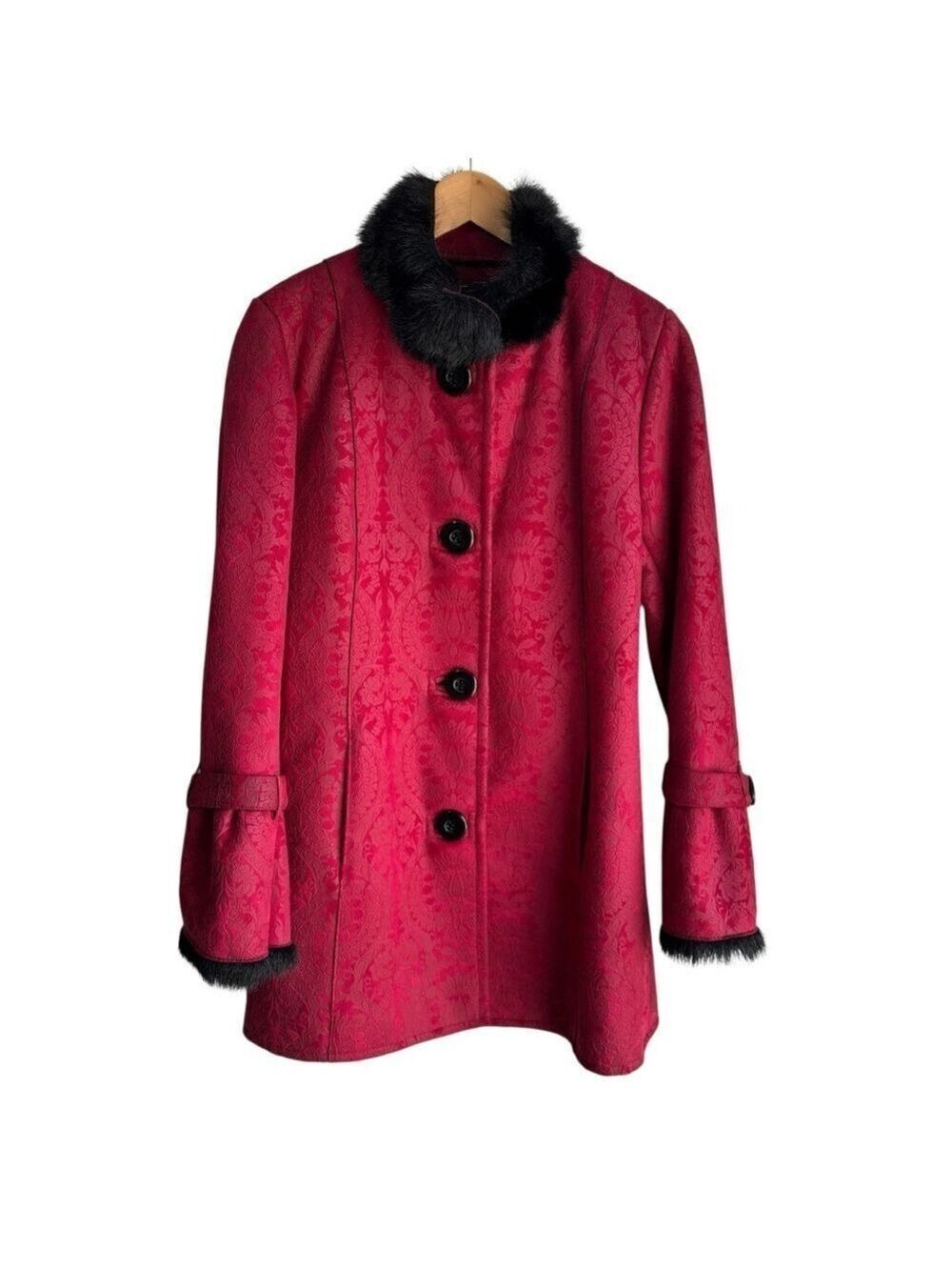 Vintage Inspired Red Jacquard Faux Suede Jacket Sz S Damask Long Winter Coat EUC